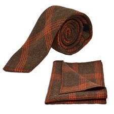 Biscuit Brown  Orange Birdseye Check Tie  Pocket Square / Handkerchief Set