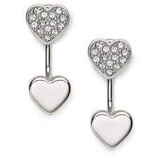 NEW FOSSIL SILVER TONE,S/STEEL 2 HEARTS,GLITZ,PAVE STUD EARRINGS JF02266040