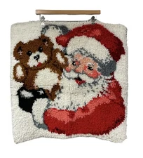 Santa Claus Teddy Bear Christmas Holiday Latch Hook Rug Wall Hanging Art Vintage