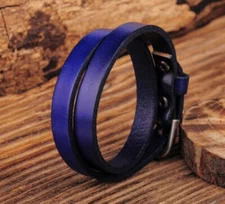 D12 Blue Quality Handmade Leather Double Wrap Bracelet Wristband Cuff Men's 