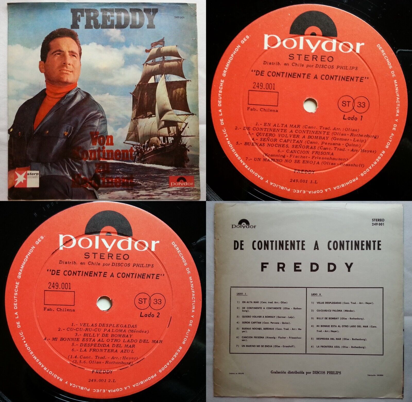 FREDDY QUINN VON KONTINENT ZU KONTINENT 1965 UNIQ CVR SPANISH TITLES CHILEAN PRS