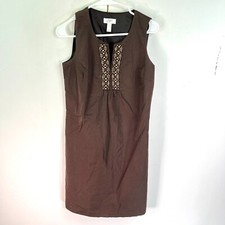 Ann Taylor LOFT Beaded Sheath Dress Women 2 Brown Sleeveless Cotton Lined V Neck