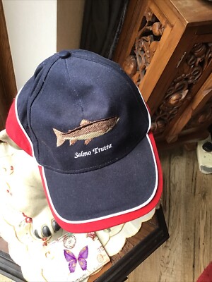Beechfield Blue Red Baseball Cap Embroidered Fish Design Salmo Trutta Adjustable