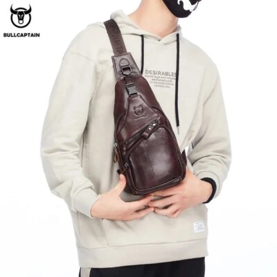 Bullcaptain men genuine cow leather cross body bag