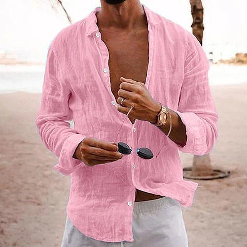 Mens Casual Cotton Linen Shirt Long Sleeve Loose Blouse Button Down Shirts-Tops - Picture 31 of 33