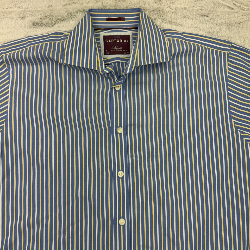 Camisa de vestir Sartorial Marks & Spencer para hombre 15,5 azul a rayas algodón fino botón Foto 2 de 4