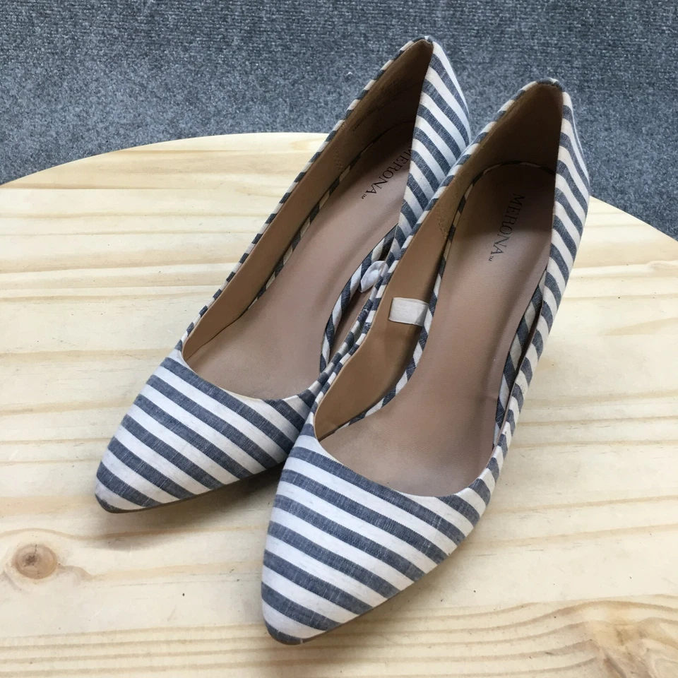Zapatos de salón Merona para mujer 9 sin cordones azules informales tacones de aguja a rayas en punta Foto 3 de 4