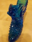 Vintage Fenton Blue Glass Shoe Slipper Boot  w/ Cat Head Hobnail Pattern — photo 3