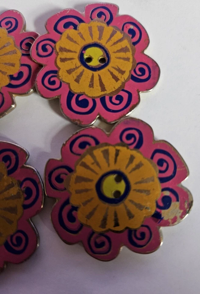 LAUREL BURCH buttons X6 pink yellow flower metal enamel floral by Dill Rare - Image 4 of 4