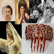 Vtg Spanish Oversized Peineta Faux Tortoise Shell Carved w/ Lace Covering