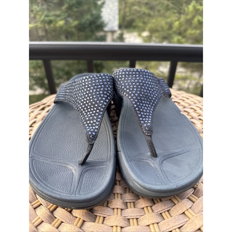 Fitflop Fit Flops Rokkit Leather Black Bling Toe-Post Sandals Slip On Women’s 5 - Image 3 of 4