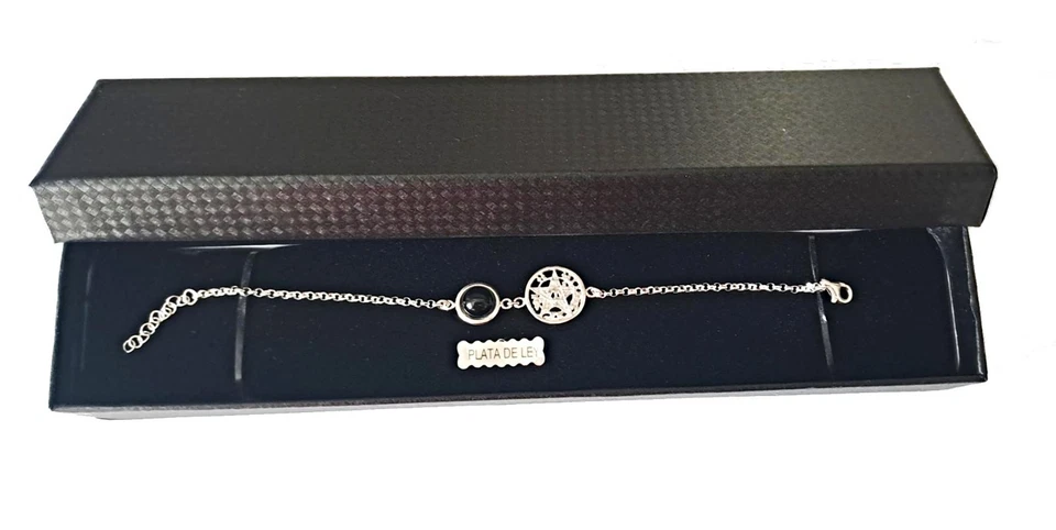 PULSERA TETRAGRAMATON PLATA DE LEY y ÓNIX natural cabujón redondo 8mm y Estuche - Imagen 4 de 4