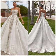 Strapless Lace Up Beads Pearls Flowers Appliques Lace A-Line Bride Wedding Dress