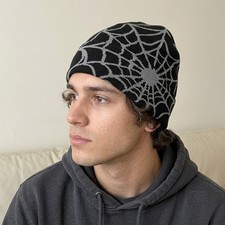 Black & Grey Spider Web Graphic Knit Beanie H...