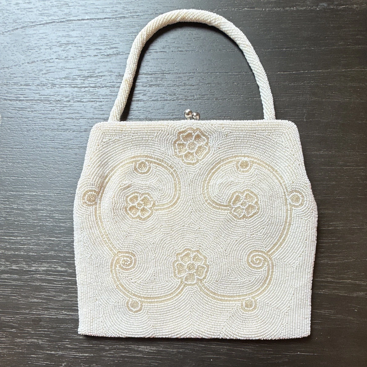 Vintage: White Beaded Handbag- Floral Accents- Drawstring White Beaded Antique Purse Floral - Etsy main image 2