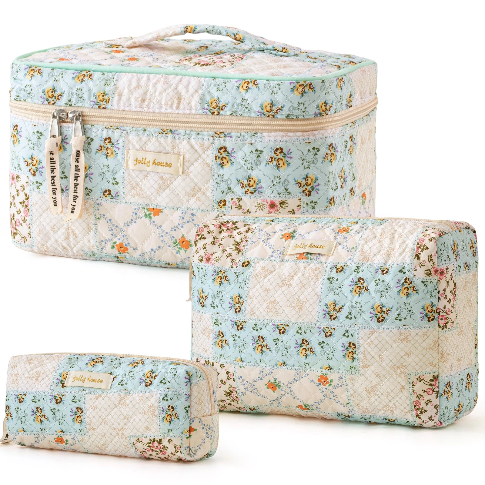 Quilted Makeup Bag, 3PCS Cotton Large Travel Makeup Bag, Cute Floral Coquette...