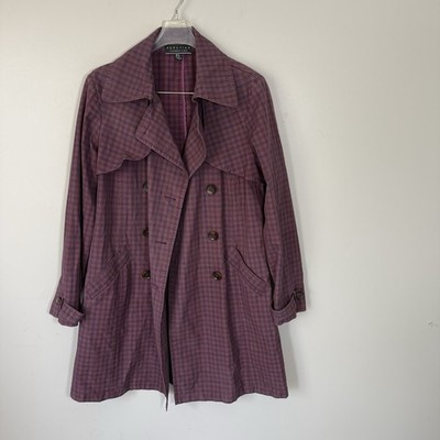 Peruvian Connection Womens Trench Coat Purple Gingham Check Plaid Sz 8 READ