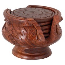 Wooden Handmade Carved Set of 6 with Decorative Holder Tabletop Coasters for Tea