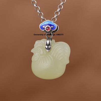 NEU Massiver 925 Sterling Silber Natürliche Jade Hahn Anhänger Schöner Anhänger