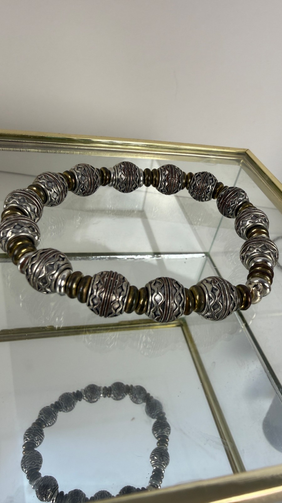 Boho Stretch Bracelet Antiqued Silver Tone Filigree Beads Mixed Metal