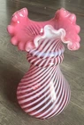 VTG Fenton Cranberry Opalescent Swirl Ruffled Vase Pink White Candy Stripe NICE