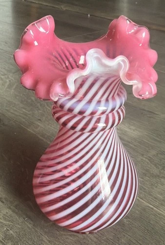 VTG Fenton Cranberry Opalescent Swirl Ruffled Vase Pink White Candy Stripe NICE