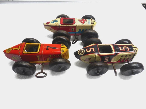 THREE 1930's Marx Wind-Up Tin Toy Race Cars - different bright colors - working