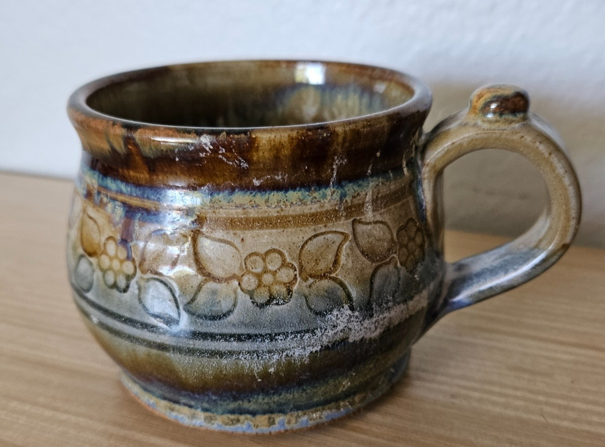 Greg Olson Signed Handmade Studio Art Pottery Mug Floral Design California 12 oz