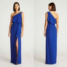 Halston Prussian Blue Joelle One-Shoulder Fluid Crepe Gown Size 2 $495