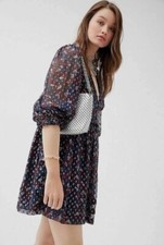 Urban Outfitters Omaha 3/4 Sleeve Print Blue Pleat Ruffle Metallic Dress Medium 