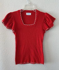 Vtg Billie Joe Woman  s Sweater Top Red White Rockabilly Square Neck Flutter Slv