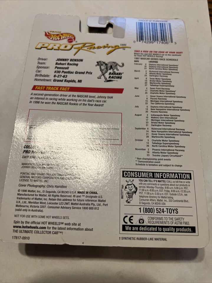 Coche Pontiac Hot Wheels 1997 Pro Racing primera edición Johnny Benson #30 Pennzoil Foto 2 de 2