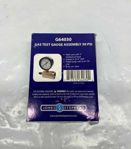 Jones Stephens G64-030 30 PSI Gas Test Gauge Assembly - Picture 1 of 3