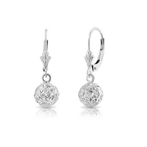 14K Solid Gold Hand Engraved Diamond-Cut Ball Bead Dangle Drop Earrings Leverbac - Picture 12 of 15