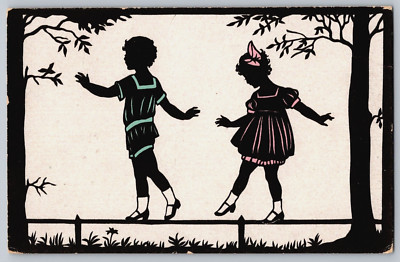 Children Silhouette Art Deco Pink Blue Black Boy & Girl Meissner & Buch Postcard