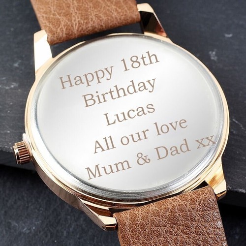 Personalised 18th Birthday Mens Watch with Brown Strap, Rose Gold Tone with box