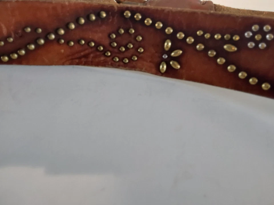 Cinturón de cuero occidental vintage diseño de tachuelas de cobre hebilla de doble lengua 38" de largo Foto 4 de 4