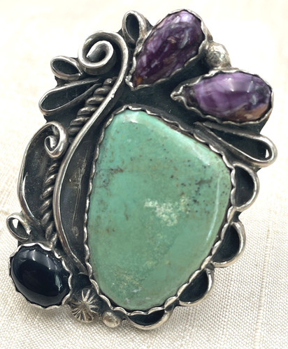 Turquoise Liz PM Navajo Sterling Silver W/Black Onyx & Shell Ring Size 10.5