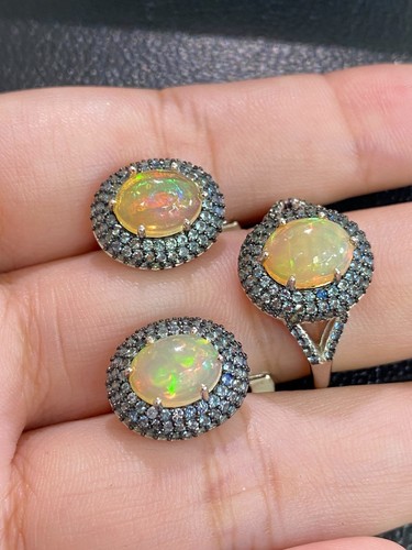 NATURAL FIRE OPAL 9X7 SAPPHIRE DIAMOND CUT STERLING SILVER 925 RING EARRING - 第 3/13 張圖片