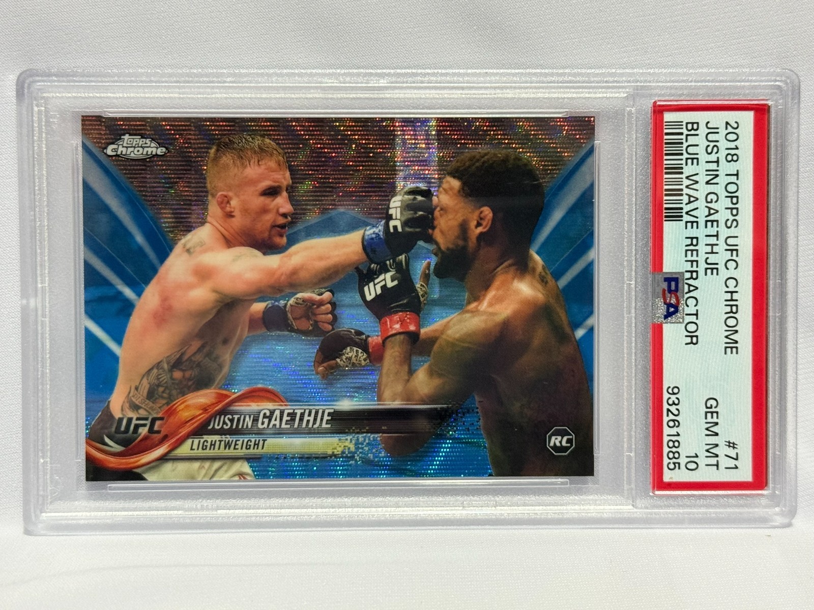 2018 Topps Chrome UFC Justin Gaethje RC #71 BLUE WAVE Refractor 07/75 PSA 10