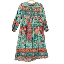 R. Vivimos Floral Tasseled Midi Dress Sz M Boho Gypsy Cottagecore Shirtdress