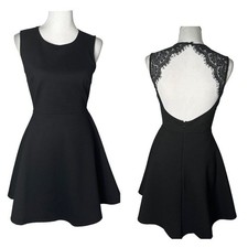 Lulus Black Skater Dress Floral Lace Open Back Size M Fit & Flare Romantic
