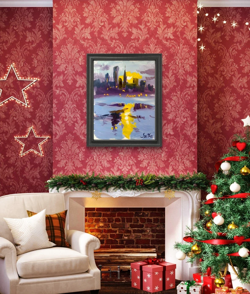 Pintura al óleo original 9x12 lienzo paisaje urbano moderno abstracto neoexpresionismo Foto 4 de 4