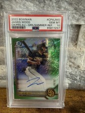 2022 Bowman Chrome Prospect Autographs James Wood Green Shimmer Ref /99 PSA 10