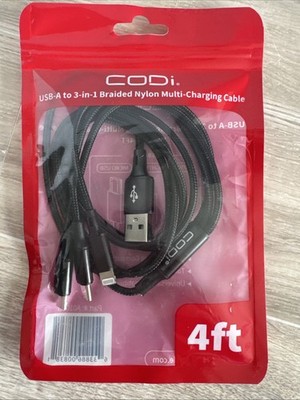 CODi A01068 4' 3-in-1 USB Fast Multi Charging Cable - 4 ft Lightning/Micro-USB