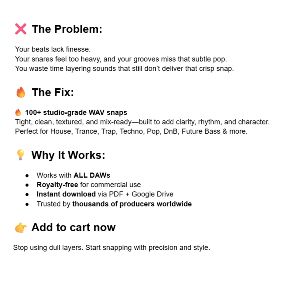 112 Snap One Shots Sample Pack (Wav) für FL Studio, Ableton Live, Logic Pro - Bild 2 von 4