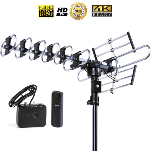 Outdoor 4K HDTV Amplified Antenna 200 Miles 360 Degree UHF/VHF/FM Remote Control