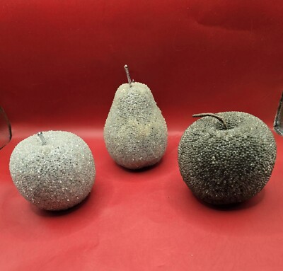 Vintage 2 Apple 1 Pear Beaded Sugar Frosted  Fruit Decor 