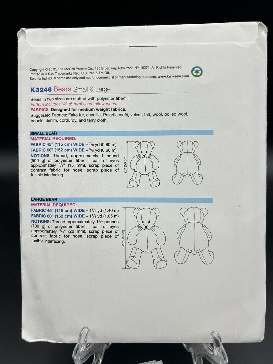 Kwik Sew Sewing Pattern K3246 Stuffed Animals Teddy Bears Toys