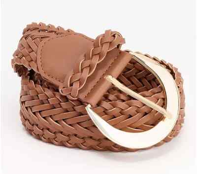 Susan Graver Faux Leather Braided Belt Metal Buckle Cognac/SoftGold S/M A644535